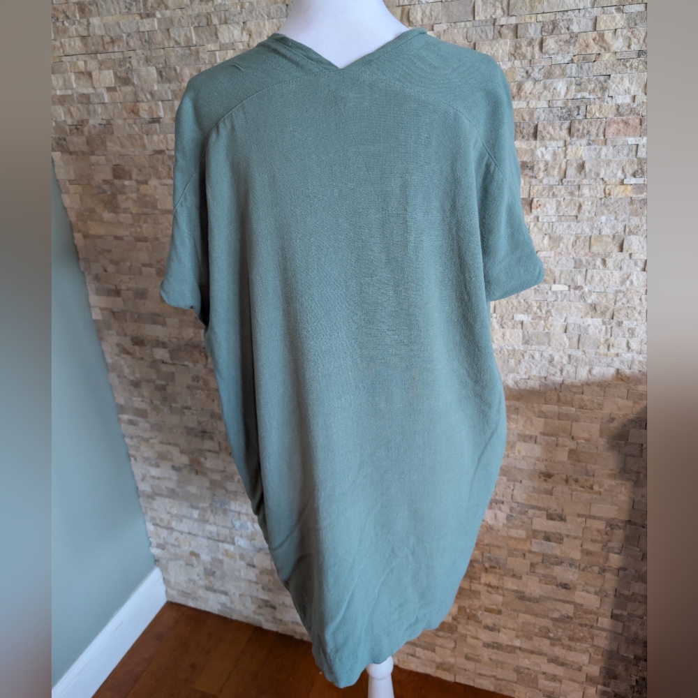 Linen Blend V Neck Dolman Sleeve Tunic Dress Teal Coastal Boho Seafoam Green M - Picture 2 of 13